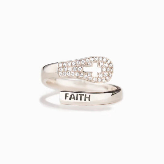 Anel de Família Cristã Feito à Mão "FAITH" em Zircão e Prata Esterlina 925